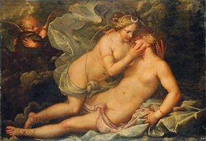 Jupiter in de gedaante van Diana en de nimf Callisto