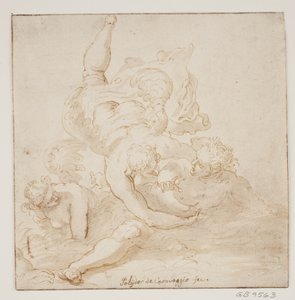 Twee engelen die een man dragen door Pietro Liberi