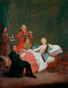 Ochtendchocolade, jonge vrouw van adel in bed bediend door drie mannen door Pietro Longhi