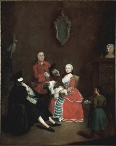 Het bezoek van het Bauta-masker (bautta) personage gekleed in het Venetiaanse kostuum bestaande uit de zwarte cape, de zwarte driekantige hoed en het witte masker. Schilderij door Pietro Longhi (1702-1785) circa 1760 Venetië, Ca