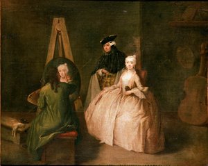 Het atelier van de schilder De schilder voor zijn ezel portretteert een jonge vrouw. Schilderij door Pietro Longhi (1702-1785) 1740-1745 Zon. 44x53 cm Venetië, Ca 