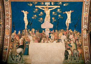 Kruisiging. Fresco door Pietro Lorenzetti (1280/5-1348) 1335-1340. Basilica di San Francesco, Chiesa Inferiore, Assisi