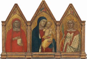 Madonna en kind met de zegenende Christus, en heiligen Maria Magdalena en Catharina van Alexandrië met engelen (gehele drieluik) door Pietro Lorenzetti