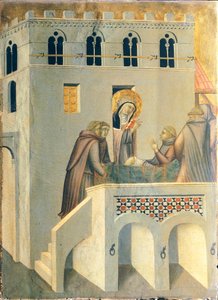 De gezegende geneest de voet van een monnik van de Abdij van Vallombrosa, tegel op het altaarstuk van de Gezegende Nederigheid door Pietro Lorenzetti