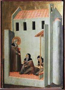 De heilige dicteert haar preken (Polyptiek van het leven van Sint Nederigheid) - Tempera op hout 14e eeuw door Pietro Lorenzetti