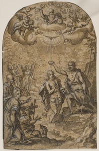 De doop van Christus met God de Vader en engelen tussen de wolken door Pietro Mera