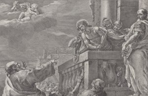 Christus op een balkon omringd door bewakers, Pilatus staat rechts en gebaart, ca. 1730-39 door Pietro Monaco