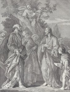 Bekering van Zacheüs, met Christus rechts die de belastinginner toespreekt, 1730-39 door Pietro Monaco