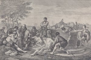 Jozef wordt door zijn broers in slavernij verkocht, die rond een put zitten en de buit verdelen door Pietro Monaco