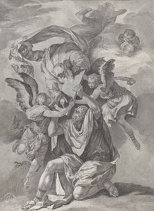Mozes ontvangt de Tafelen van de Wet van God die uit de Hemel Neerdaalt