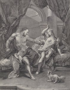 Simson en Delila zittend op een bed, Simson die de touwen die zijn hand binden verscheurt..., ca. 1730-39 door Pietro Monaco