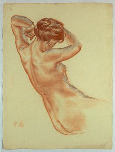 Halffiguur van een zittende naakte vrouw