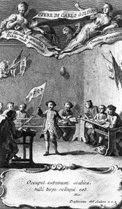 Carlo Goldoni zwaait met een vlag ter viering van het behalen van zijn jaar aan de jezuïetenschool in Perugia, uit 