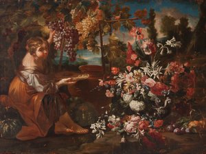 Een meisje tussen bloemen en fruit