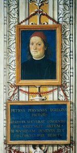 Zelfportret en titelblok door Pietro Perugino