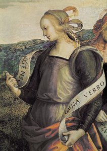 De Erythraeïsche Sibylle. Detail van De eeuwige vader omringt profeten en sibyllen door Pietro Perugino