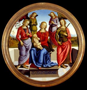 De Maagd en het kind omringd door twee engelen, Sint Roos en Sint Catharina. Schilderij door Pietro Vannucci, ook wel il Perugino genoemd