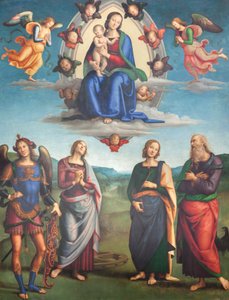 Maagd met kind in glorie met heiligen door Pietro Perugino