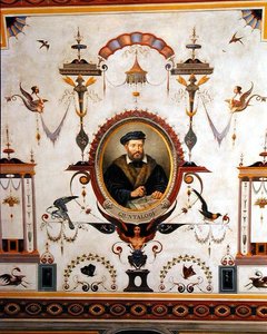 Portret van Giuntalodi, detail van het plafond van de Sala del Sindaco door Pietro Pezzati