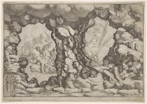 Een reus die een rotsblok heft in het midden, andere reuzen links en rechts worstelen en rec..., ca. 1680