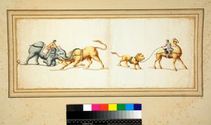 Kopie van een mozaïek van een olifant die vecht tegen een stier (zwarte krijt, sommige met pen en bruine inkt. gekleurd met aquarel)