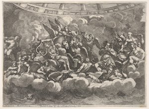 Verzameling van verschillende Olympische goden en mythologische figuren tussen wolken, Apollo in het midden...