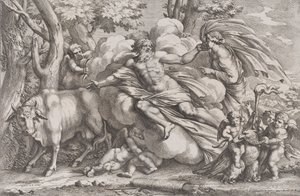 Io links als koe, Jupiter op een wolk in het midden en Juno rechts