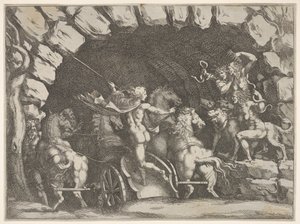 Pluto, van achteren gezien, betreedt de Onderwereld op zijn wagen, Cerberus en drie Fur...