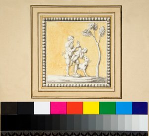 Drie zilveren panelen van de voorkant van een houten kist (zwarte krijt, sommige met pen en bruine inkt. gekleurd met aquarel) door Pietro Santi Bartoli
