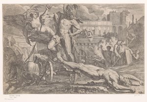 Achilles met lijk van Hector achter zijn zegewagen door Pietro Testa