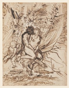 Pan omhelst Venus, bekeken door Cupido door Pietro Testa