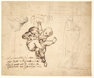 Studie voor twee spelende putti, bladeren en een gedrapeerd figuur met een urn door Pietro Testa