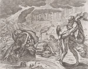 De zondvloed, figuren die uit het water worden getrokken, ca. 1640-42 door Pietro Testa
