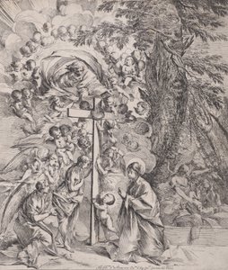De droom van St. Joseph, die rechts slaapt, de Maagd en het Kind bij een kruis door Pietro Testa