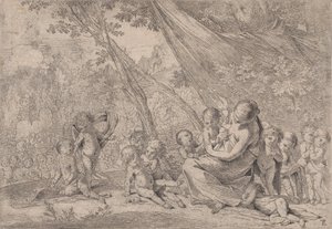 De tuin van liefdadigheid, vrouw die liefdadigheid voorstelt rechts omringd door kinderen, ca. 1631-37