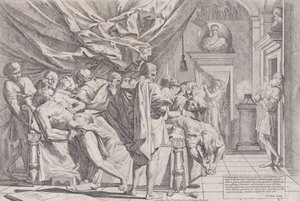 De zelfmoord van de filosoof Cato, die op zijn bed ligt en zijn ingewanden eruit trekt