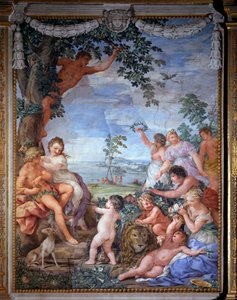 Allegorie van de vier leeftijden, de gouden eeuw Fresco door Pietro da Cortona (Pietro Berrettini) (1596-1669) 1637 Zaal van de Kachel (Stanza della Stufa), Palatijngalerij, Palazzo Pitti, Florence