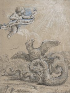 Ontwerp met een Adelaar die vecht met een Slang en een Putto in de Lucht die..., 17e eeuw door Pietro da Cortona