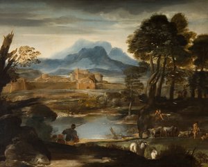 Landschap met een meer en een ommuurde stad door Pietro da Cortona