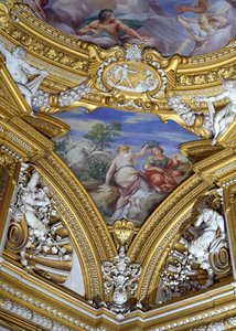 De Sala di Apollo detail van pendentief met de muzen Calliope en Melpomene (detail) door Pietro da Cortona