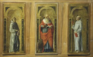 Drie panelen - Sint Franciscus, Sint Hiëronymus en Sint Antonius van Padua, c.1480 door Pietro di Francesco degli (circle of) Orioli