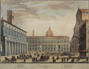 Italië, Bologna, Piazza Maggiore of Piazza Grande, door Pio Panfili, gravure