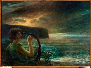 Volle maan, Hulde aan een vrouwelijke godheid, spelend op een lier in een zeegezicht met stormachtige lucht (olie op doek) door Plinio Nomellini