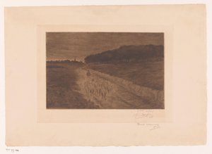 Schapenkudde met herder op een heideweg door Pol Craps (signed by artist)