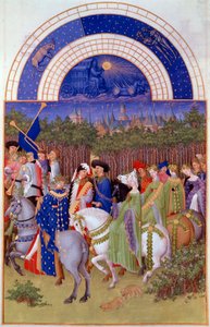 Stoet van edelen en muzikanten te paard, uitzicht op het hertogelijk paleis van Riom (?) en de maand mei door Pol de Limbourg