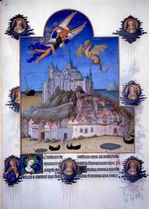 Uitzicht op Mont Saint Michel: de aartsengel Sint Michel en de draak vechten in de lucht