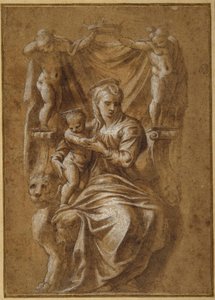 De Madonna en Kind op een troon