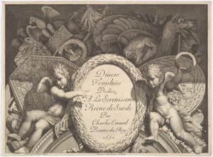 Titelpagina van Diverse trofeeën wapentrofeeën na de gevel van Palazzo Milesi in Rome door Polidoro da Caravaggio