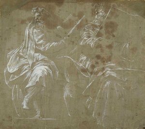 Twee bebaarde profeten zittend, met open boeken door Polidoro da Caravaggio