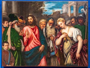 Christus en de overspelige vrouw door Polidoro da Lanciano